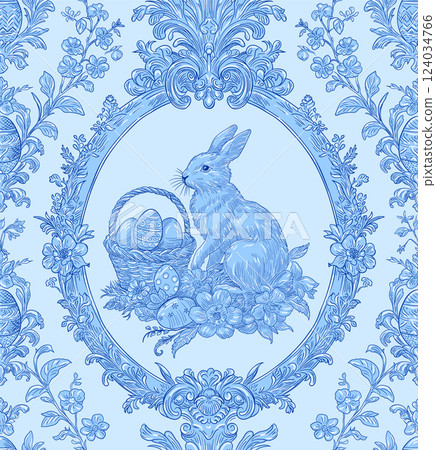 Easter Bunny Basket and Eggs Spring Elegant Seamless Pattern for Fabrics, Wallpapers and Packaging 124034766