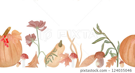 Watercolor horizontal seamless border with pumpkin, autumn leaves, acorns, berries and mushroom on a white background. Botanical seasonal print. Drawing of wallpaper, gift paper, autumn greeting cards Watercolor horizontal seamless border with pumpkin, autumn leaves, acorns, berries and mushroom on a white background. Botanical seasonal print. Drawing of wallpaper, gift paper, autumn greeting cards 124035046