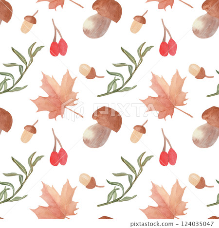 Hand drawn watercolor seamless pattern with autumn leaves, acorns, berries and mushroom on a white background. Botanical seasonal print. Drawing of wallpaper, gift paper, autumn greeting cards. Hand drawn watercolor seamless pattern with autumn leaves, acorns, berries and mushroom on a white background. Botanical seasonal print. Drawing of wallpaper, gift paper, autumn greeting cards. 124035047