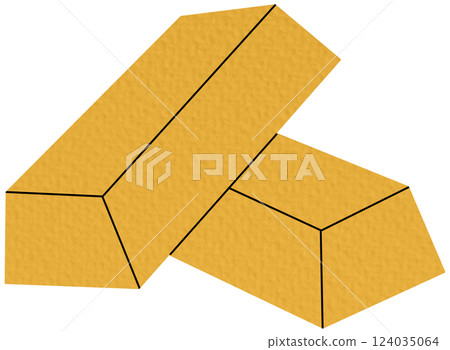 Two gold bars. Flat vector aurum bullions sticker in colored doodle style. Financial literacy or success icon or print. Monetary savings. Isolated. 124035064