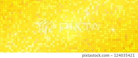 Abstract geometric background with tiles. Mosaic texture gold disco ball in a nightclub or discotheque hall. Bright shiny backdrop with highlights and glow. Vector illustration Abstract geometric background with tiles. Mosaic texture gold disco ball in a nightclub or discotheque hall. Bright shiny backdrop with highlights and glow. Vector illustration 124035421