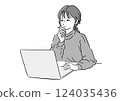 一位女士一邊看著筆記型電腦一邊思考 — — 商業、學習和遠距工作的圖片（向量） 124035436