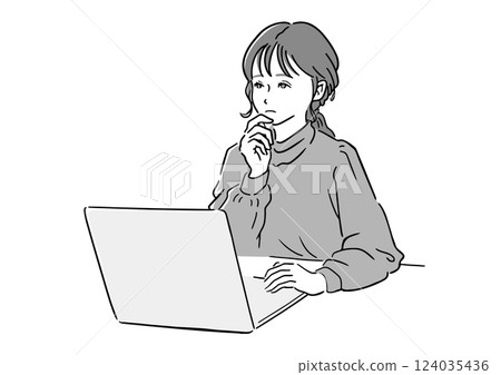A woman thinking while looking at a laptop - Image of business, learning, and remote work (vector) 124035436