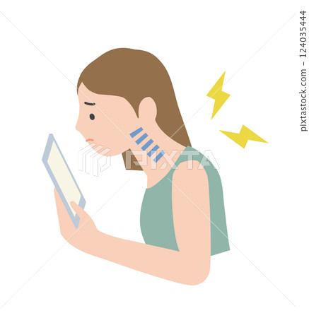 Illustration of a woman with poor posture and pain from straight neck and smartphone neck Illustration of a woman with poor posture and pain from straight neck and smartphone neck 124035444