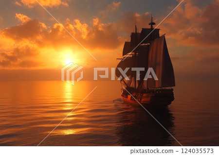 Sailing ship at sea. 124035573