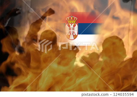 Serbia protest. A powerful and intense scene of a protest in Belgrade, Serbia, with people holding flags amidst fire and smoke Serbia protest. A powerful and intense scene of a protest in Belgrade, Serbia, with people holding flags amidst fire and smoke 124035594