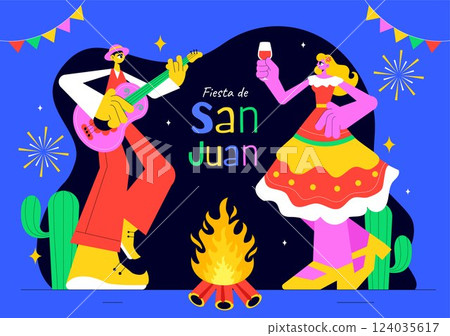 Fiesta de San Juan Vector Illustration Featuring the Celebration of Saint John's Feast with Bonfire, Fireworks, and Decorative Flags in a Background 124035617