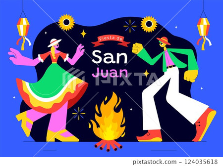 Fiesta de San Juan Vector Illustration Featuring the Celebration of Saint John's Feast with Bonfire, Fireworks, and Decorative Flags in a Background 124035618