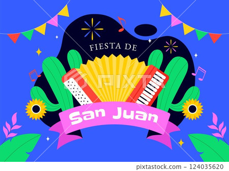 Fiesta de San Juan Vector Illustration Featuring the Celebration of Saint John's Feast with Bonfire, Fireworks, and Decorative Flags in a Background Fiesta de San Juan Vector Illustration Featuring the Celebration of Saint John's Feast with Bonfire, Fireworks, and Decorative Flags in a Background 124035620