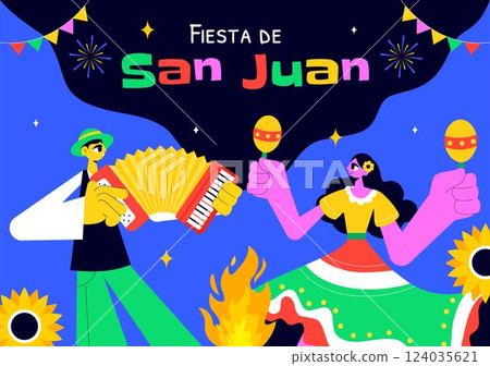Fiesta de San Juan Vector Illustration Featuring the Celebration of Saint John's Feast with Bonfire, Fireworks, and Decorative Flags in a Background 124035621