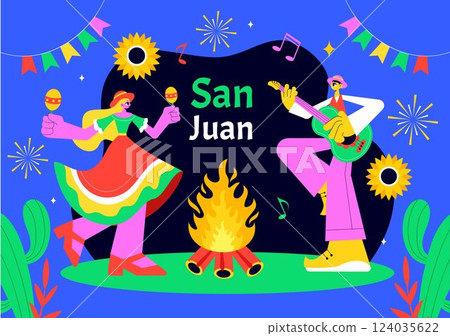 Fiesta de San Juan Vector Illustration Featuring the Celebration of Saint John's Feast with Bonfire, Fireworks, and Decorative Flags in a Background 124035622