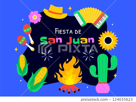 Fiesta de San Juan Vector Illustration Featuring the Celebration of Saint John's Feast with Bonfire, Fireworks, and Decorative Flags in a Background 124035623