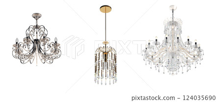 crystal chandelier for the interior isolated on transparent background, home lighting, 3D illustration, cg render crystal chandelier for the interior isolated on transparent background, home lighting, 3D illustration, cg render 124035690