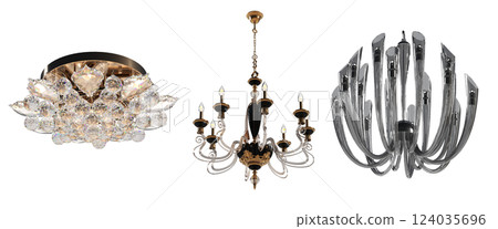 crystal chandelier for the interior isolated on transparent background, home lighting, 3D illustration, cg render crystal chandelier for the interior isolated on transparent background, home lighting, 3D illustration, cg render 124035696