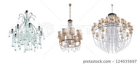 crystal chandelier for the interior isolated on transparent background, home lighting, 3D illustration, cg render 124035697