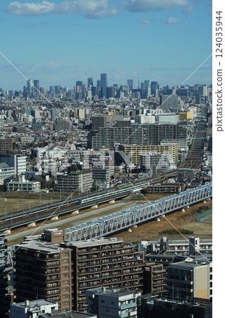 從川崎市政廳看到的東京市中心塔和東海道本線 二月川崎 524 東京塔樓和多摩川/東海道本線 124035944