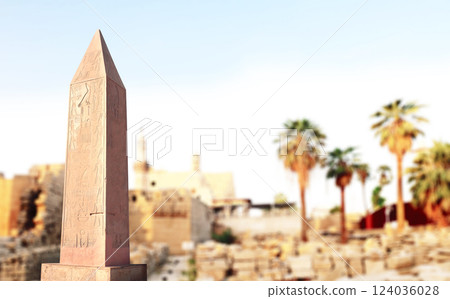 Horizontal banner with ancient egyptian granite obelisk, palm and temple, Luxor (ancient Thebes), Egypt, North Africa. Topic of vacation, travel, trip abroad on vacation, cruises and tours 124036028