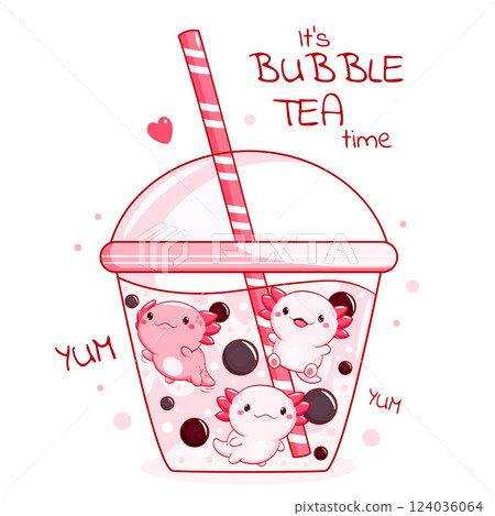 Lovely little axolotl in bubble tea cup. Baby card  in kawaii style with cute animals in Boba Tea cup. Childish print with funny cat for t-shirt  print, sticker, greeting card design. Vector EPS8 124036064