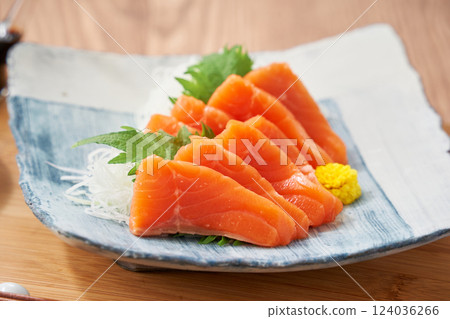 Fresh salmon sashimi on a plate 124036266