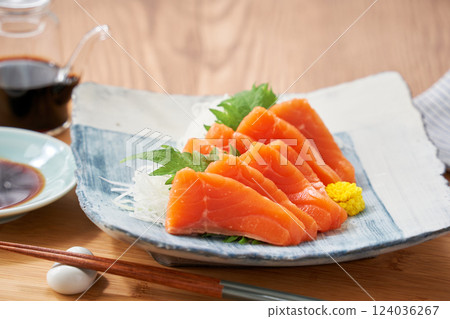 Fresh salmon sashimi on a plate 124036267