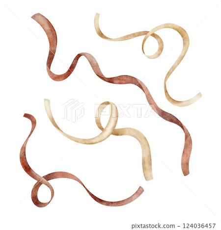 Set of ribbons, braid red, beige. Watercolor illustration of strip hand drawn in retro style on isolated background. Elements for design Christmas greeting cards, New Year invitations, vintage labels 124036457