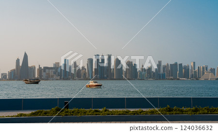 The skyline of West Bay and Doha City Center during sunrise, Qatar 124036632