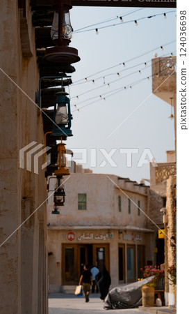 Doha, Qatar - 10092024: Architecture details of traditional arabian market Souq Waqif in Doha City in Qatar Doha, Qatar - 10092024: Architecture details of traditional arabian market Souq Waqif in Doha City in Qatar 124036698