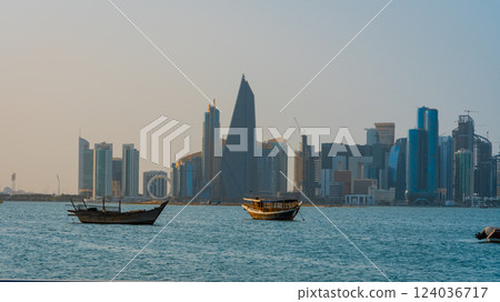 The skyline of West Bay and Doha City Center during sunrise, Qatar 124036717