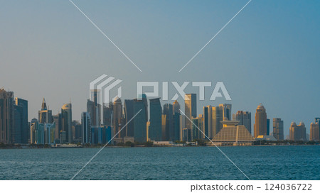 The skyline of West Bay and Doha City Center during sunrise, Qatar The skyline of West Bay and Doha City Center during sunrise, Qatar 124036722
