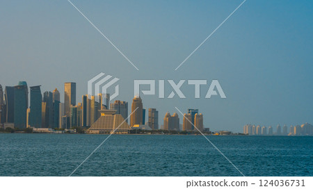 The skyline of West Bay and Doha City Center during sunrise, Qatar 124036731