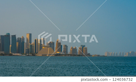 The skyline of West Bay and Doha City Center during sunrise, Qatar 124036732