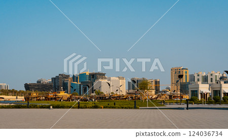 The skyline of West Bay and Doha City Center during sunrise, Qatar 124036734