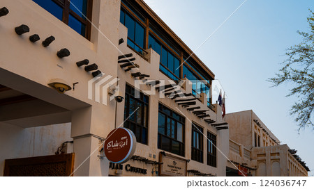 Doha, Qatar - 10092024: Architecture details of traditional arabian market Souq Waqif in Doha City in Qatar Doha, Qatar - 10092024: Architecture details of traditional arabian market Souq Waqif in Doha City in Qatar 124036747