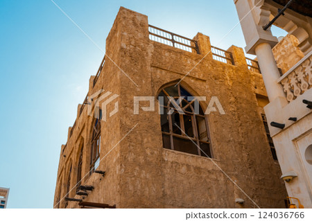 Doha, Qatar - 10092024: Architecture details of traditional arabian market Souq Waqif in Doha City in Qatar Doha, Qatar - 10092024: Architecture details of traditional arabian market Souq Waqif in Doha City in Qatar 124036766