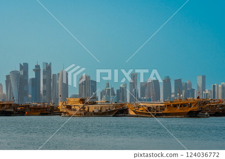 The skyline of West Bay and Doha City Center during sunrise, Qatar 124036772