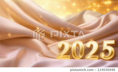 Christmas and New Year card. Number 2025 on holiday background. Christmas lights bokeh background. Holiday postcard. Happy New Year 2025 Card Concept. 124036946