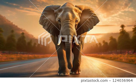 Elephant walking on the road at sunset, elephant is walking along the highway, big Elephant walking on the asphalt road, portrait of Elephant at sunset background 124036964