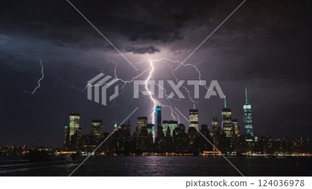 Thunderhead and Lightning Over City. Lightning storm in purple light. Night cityscape with strong lightning, majestic view on coastal town in dark stormy night, dramatic sky scape with bright zipper 124036978