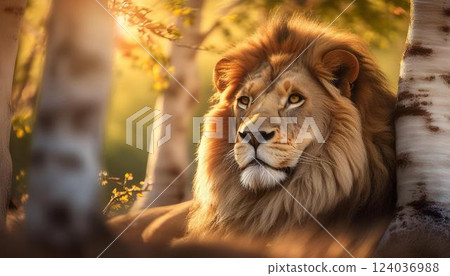 lion is in spring birch trees, white birch trees around the lion, leo relax, big cat resting in park at spring, portrait of king of animals 124036988