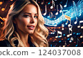 cute pretty girl listening to music peacefully and waves of music fill space, she against flying notes that surrounds her. Symphony of light and sound. Concept of pop rock jazz music, entertainment Ad 124037008