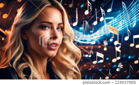 cute pretty girl listening to music peacefully and waves of music fill space, she against flying notes that surrounds her. Symphony of light and sound. Concept of pop rock jazz music, entertainment Ad 124037008