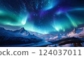 Aurora borealis on the Lofoten islands, Norway. Green northern lights above mountains. Night winter landscape with aurora. Natural background in the Norway 124037011