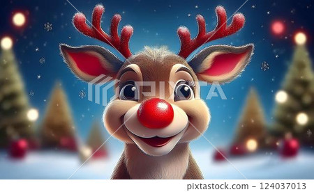rudolf the red nose reindeer. Cute reindeer. Christmas background. Christmas Greeting Card. image illustration. 124037013