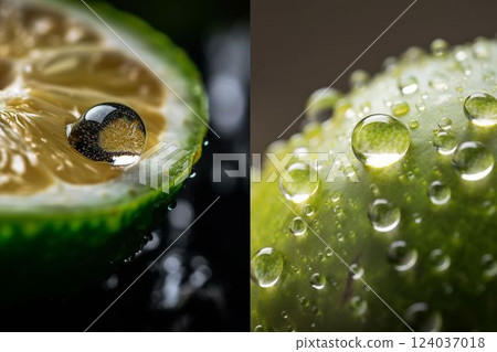 Trendy healthy diet. Water drops on green leaf in rays of sun, close-up macro. Raindrops on textured leaf in nature. ripe fresh half an avocado. water droplets on the peel of a green avocado 124037018