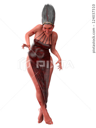 3D Scary witch with red skin in leather dress 3D Scary witch with red skin in leather dress 124037310