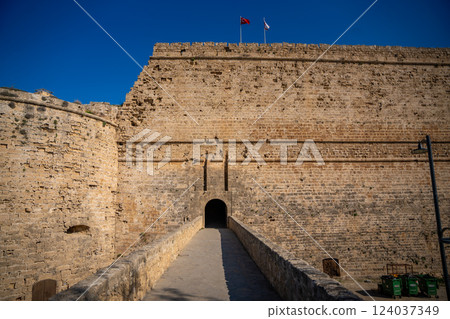 Gate to castle in Kyrenia old harbour without tourists, Northern Cyprus 124037349