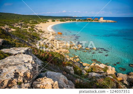 Coastline with a sandy beach and rocky shores near the northeasternmost cape of Northern Cyprus. Crystal-clear waters of a blue lagoon and the untouched beauty of the Mediterranean 124037351