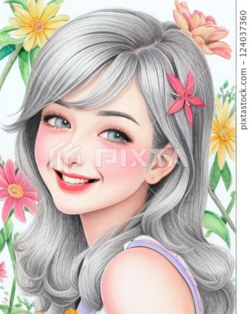 A cute portrait-style illustration of a beautiful smiling woman gently adorned with flowers. 124037360