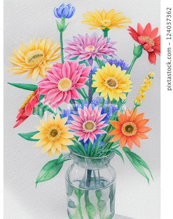 A gentle and lovely watercolor illustration of gorgeous, elegant and vibrant floral art in a vase of beautiful flowers. 124037362