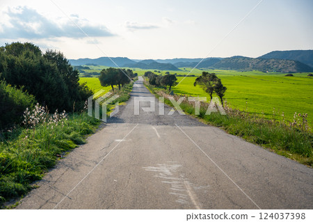 A scenic road winds through a lush green landscape with mountains, trees, and meadows in Northern Cyprus. The image captures the natural beauty and tranquility of the Mediterranean countryside 124037398